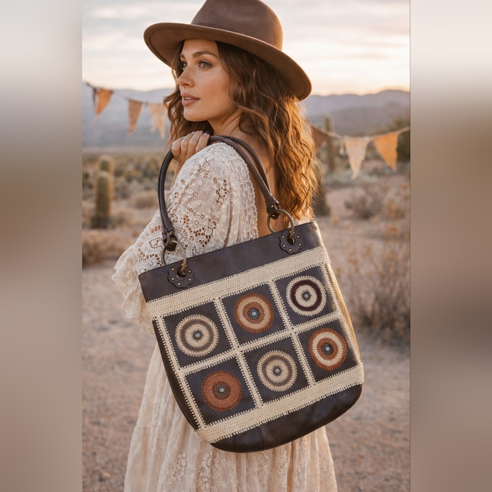 Large Boho Crochet Patchwork Shoulder Bag Leather… - image 1